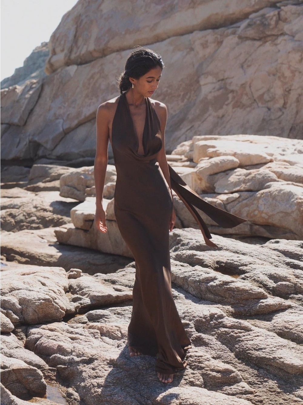 Sau Lee Pearl Satin Gown Mocha Sz 2 - Picture 4 of 6